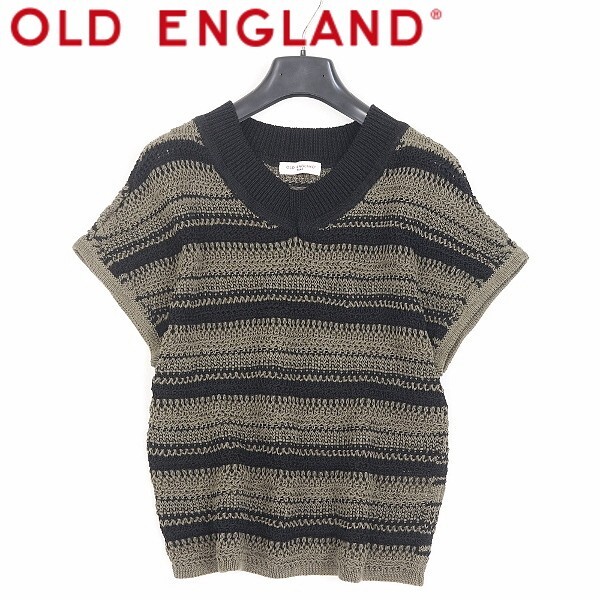 【HA748】◆OLD ENGLAND オールド イングランド マルチボーダー柄 Vネック コットン ショートスリーブ ニット トップス ×ブラック 36拍卖