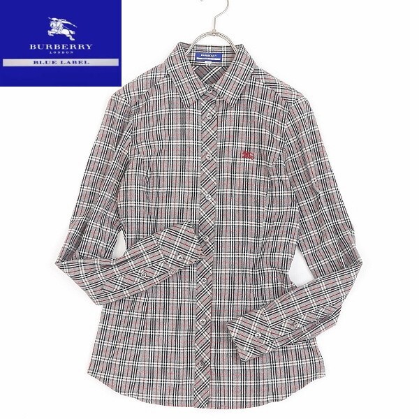 【HA639】◆BURBERRY BLUE LABEL バーバリー ブルーレーベル チェック柄 ストレッチ ロゴ刺繍 コットン 長袖 シャツ グレー 38拍卖