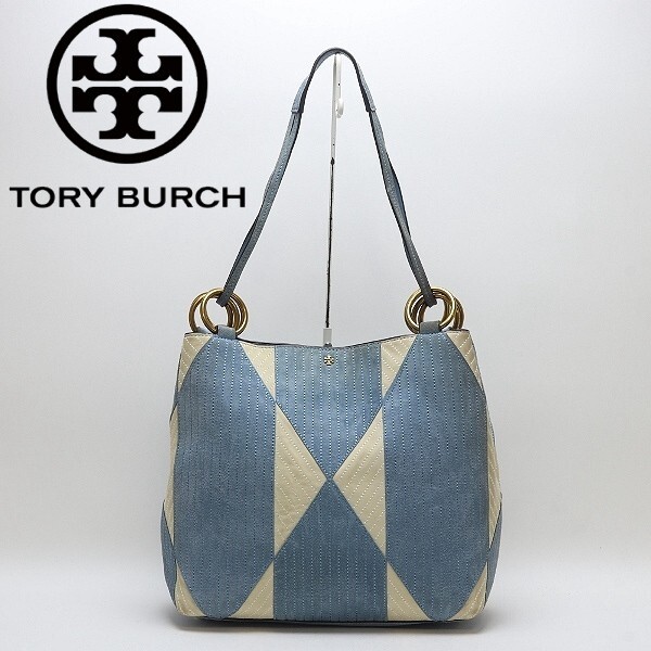 【HA808】◆TORY BURCH トリーバーチ スエード×ヌバックレザー 肩掛け ワンショルダー バッグ オフホワイト×水色拍卖