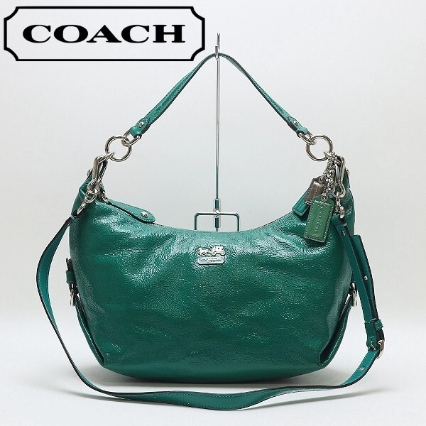 【HA799】◆COACH コーチ 14323 マディソン エナメル パテント 2Way 斜め掛け 肩掛け ショルダー バッグ 緑 グリーン拍卖