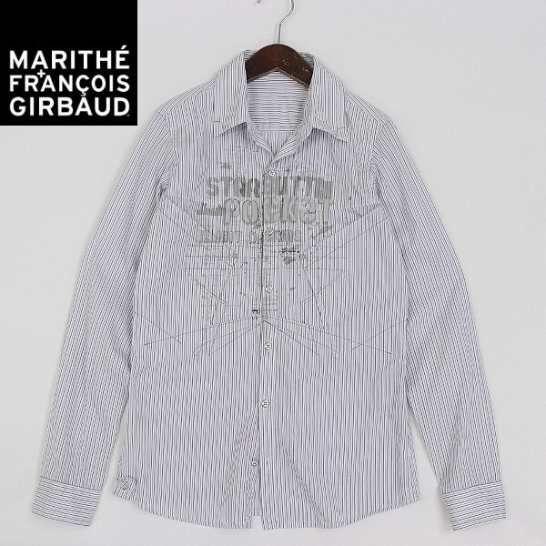 【HA851】◆MARITHE + FRANCOIS GIRBAUD マリテ フランソワ ジルボー ストライプ柄 フロントプリント 切替 コットン 長袖 シャツ M拍卖
