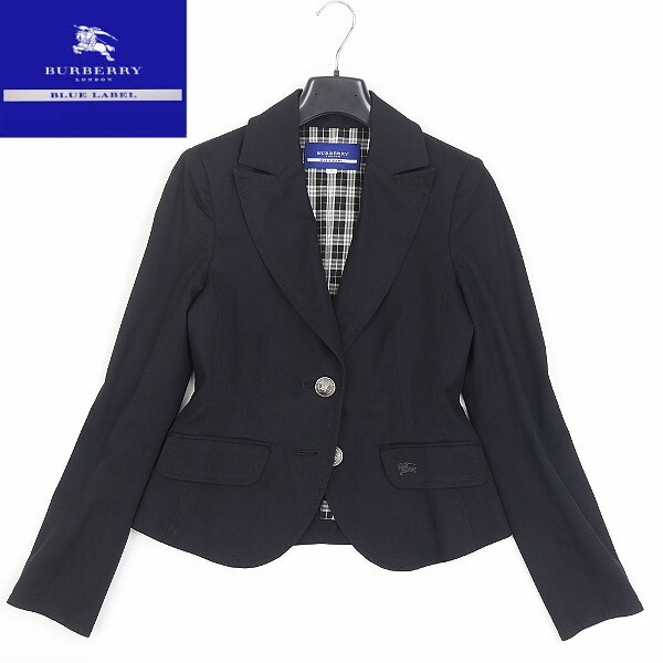 【HA842】◆BURBERRY BLUE LABEL バーバリー ブルーレーベル 裏地チェック柄 ストレッチ コットン メタルボタン ジャケット 黒 ブラック 38拍卖