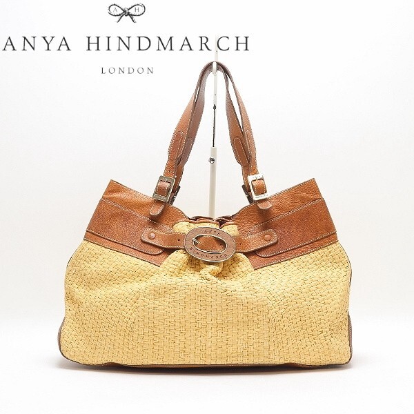 【HA875】◆ANYA HINDMARCH アニヤ ハインドマーチ ストロー×レザー ウッドバックル 肩掛け ショルダー バッグ拍卖