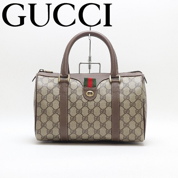 【HA871】ヴィンテージ◆GUCCI オールド グッチ 400 02 06 PVC×レザー GG柄 シェリーライン ミニボストン ハンド バッグ拍卖