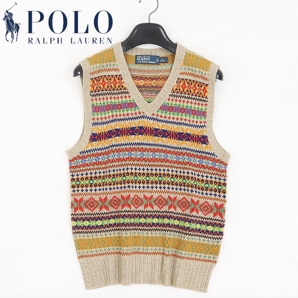 【HA865】国内正規品◆POLO RALPH LAUREN ポロ ラルフローレン カシミヤ&リネン&シルク混 フェアアイル柄 Vネック ニット ベスト S拍卖