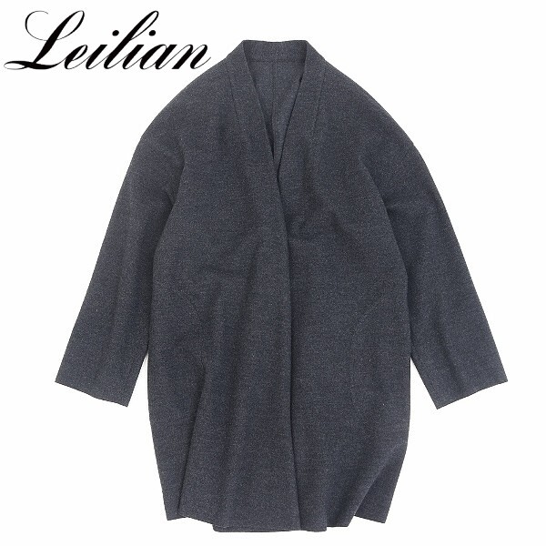 【HA925】美品◆Leilian レリアン ドロップショルダー サイドスリット ウール ボタンレス カーディガン チャコールグレー 13+ 大きいサイズ拍卖