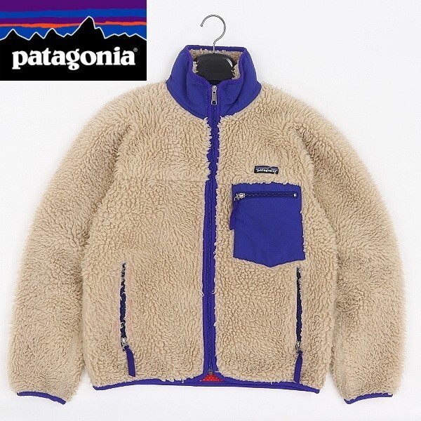 【HA914】USA製 01年製◆patagonia パタゴニア クラシック レトロ カーディガン ボア フリース ジャケット ベージュ×ブルー XS拍卖