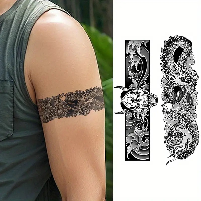 お手頃、かんたん ちょこっとタトゥーシール 腕 手首に 和柄 耐久性あり 2枚セット 龍 ドラゴン 般若 プラジナ フェイク 和彫 (HC-742)拍卖