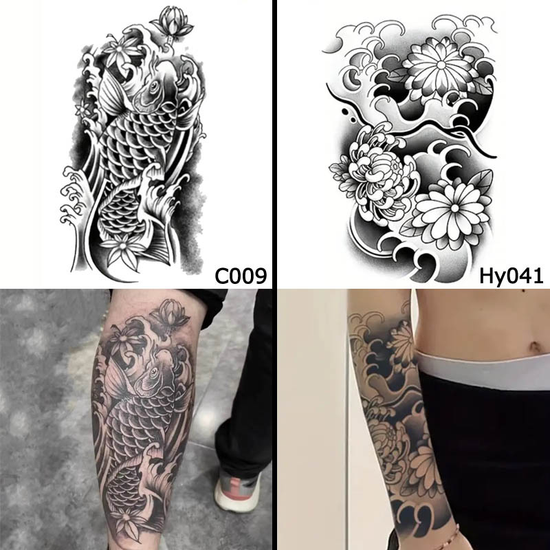 タトゥーシール 鯉 14cm×28cm + 菊 17cm×24cm セット 腕 脚 リアル和彫 防水・耐久性あり! 刺青シール 和柄 フェイク (C009+Hy041)拍卖