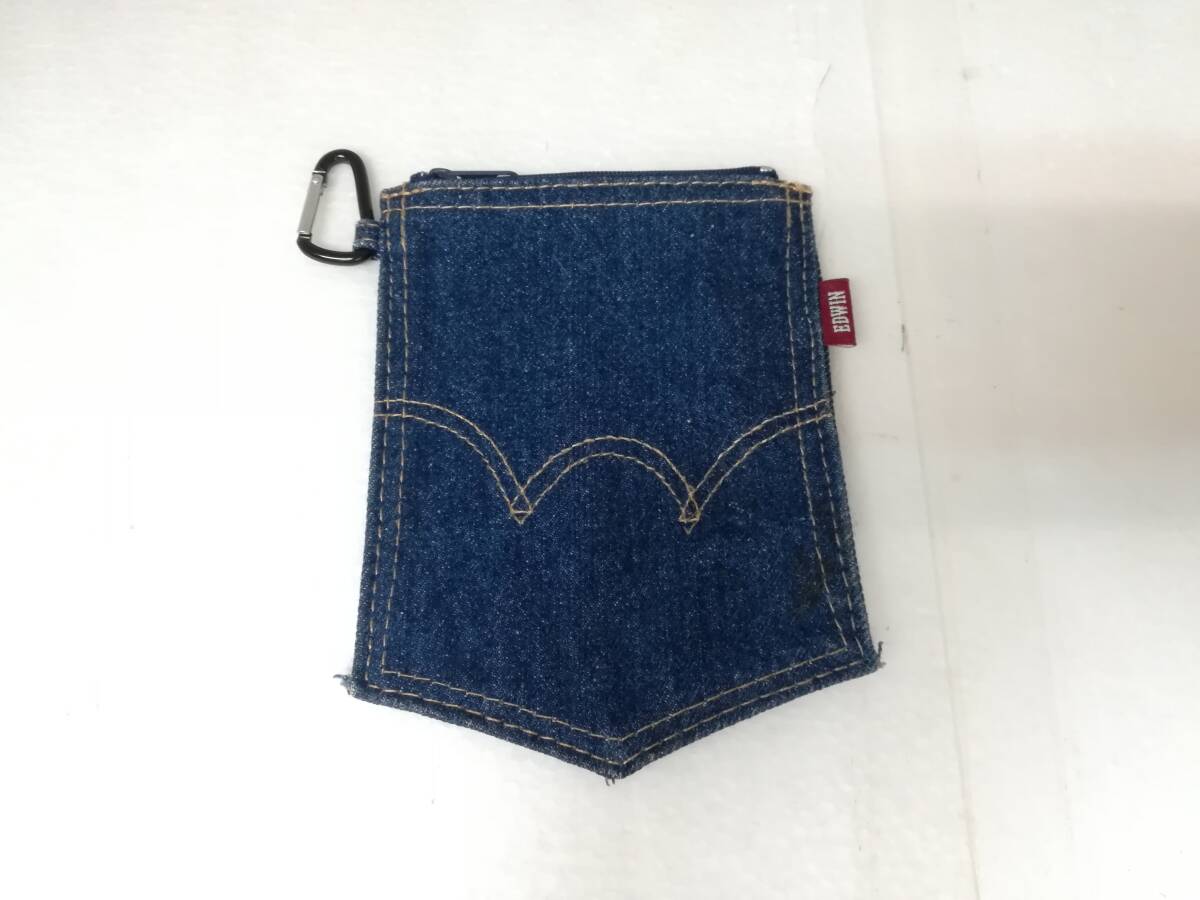 ■中古 EDWIN エドウィン デニム フラット ポーチ カラビナ付き マルチケース拍卖