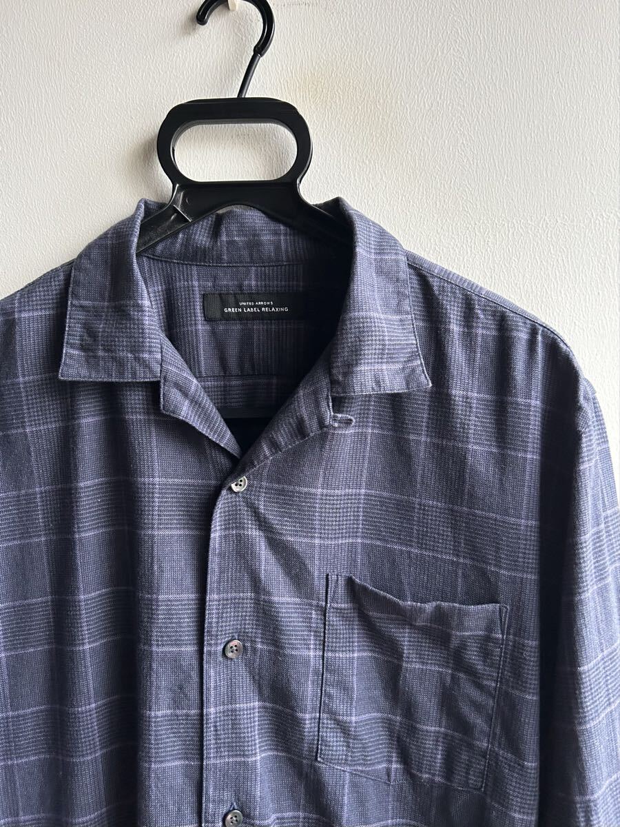 【美品】UNITED ARROWS GREEN LABEL RELAXING シャツ メンズ M チェック オープンカラー ネイビー 紺 ユナイテッド アローズ拍卖