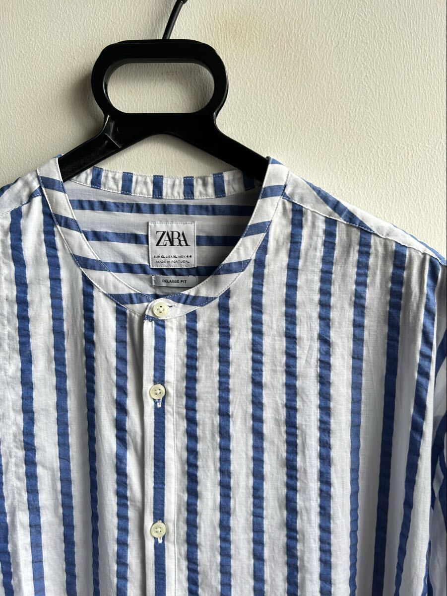 【美品】ZARA MAN シャツ メンズ XL ストライプ 白×ブルー バンドカラー RELAXED FIT ポルトガル製 ザラ マン 拍卖