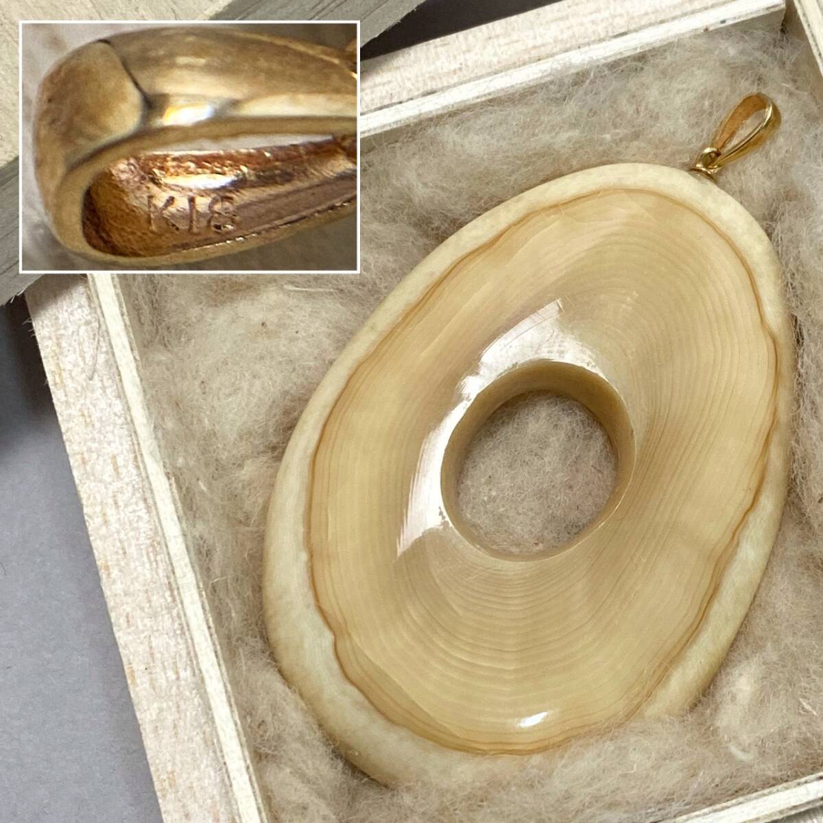 K18刻 天然素材 鯨歯? ウニコール? ペンダントトップ 重量23.7g 箱付 検) 牙材 角材 18金 ゴールド金具 自然 素材 根付 ッコウクジラ 印材拍卖