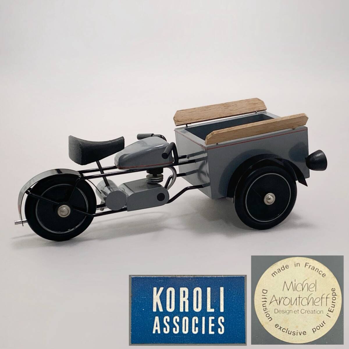 希少 フランス Michel Aroutcheff ミシェル・アロチェフ 【三輪バイク】 木製 ディスプレイトイ 検) 玩具クリエイター タンタン オブジェ 拍卖
