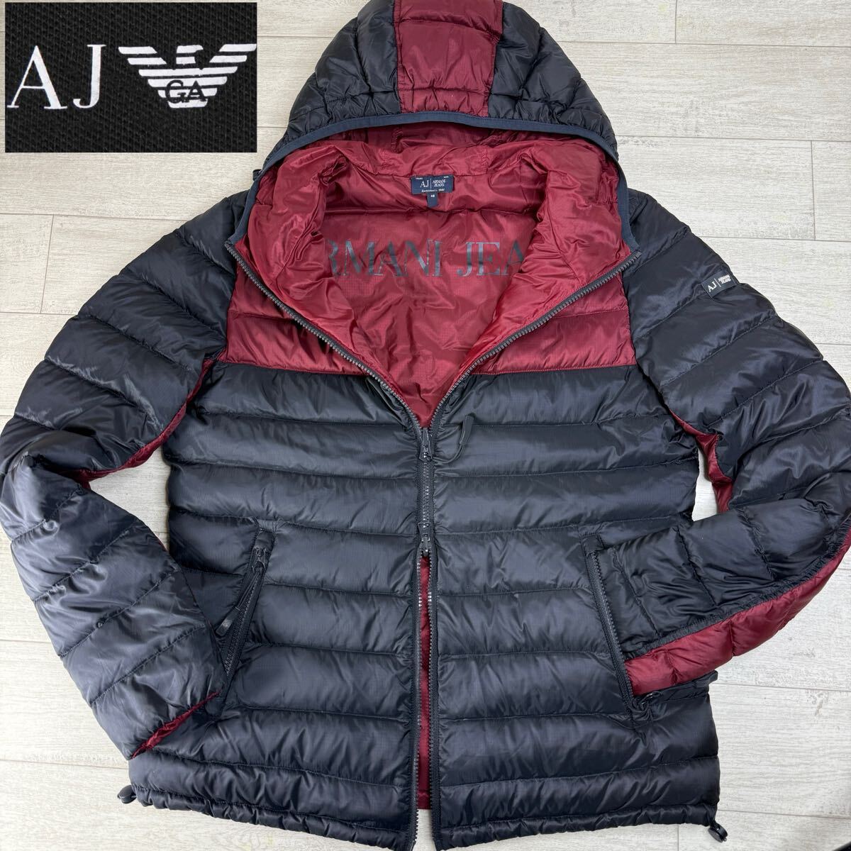 1円〜 ARMANIJEANS アルマーニジーンズ ダウンジャケット ブルゾン パーカー アウター背面ロゴ ダブルジップ リバーシブル サイズ48拍卖