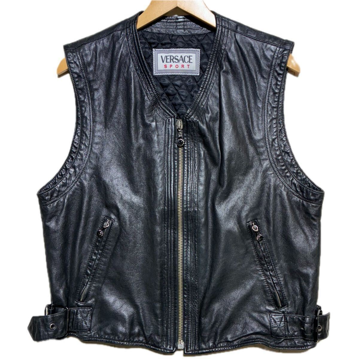 頂点頂上!!!別格オーラ!!!超弩級XLサイズ【ヴェルサーチ VERSACE】ラムレザー ベスト ダイヤモンドキルティング バイカー ライダース 50拍卖