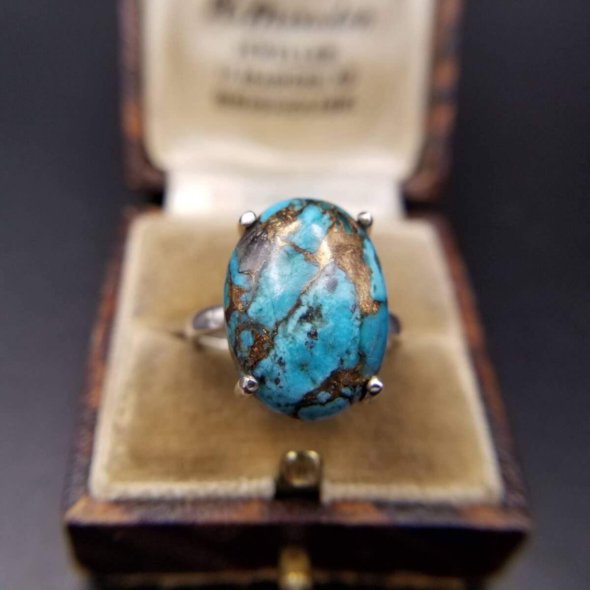 大粒 コッパーターコイズ カボション ソリテール 925 シルバー リング 指輪 銀 ゴージャス 存在感 華やか ステートメントジュエリー R16-R拍卖