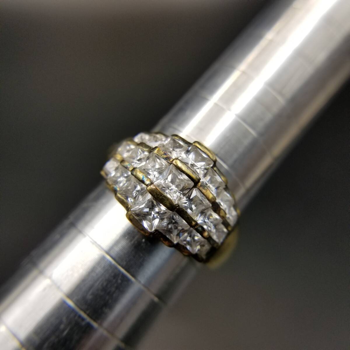 クリアラインストーン スクエアカット 3段 925 シルバー ヴィンテージ リング 指輪 銀 ゴージャス 幅広 ゴールドトーン 存在感 R16-S拍卖