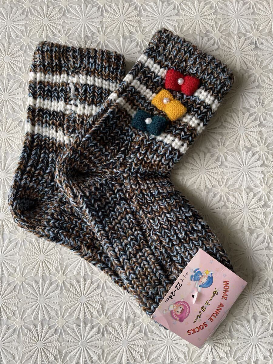 ★新品★靴下 ソックス 厚手 ルームカバー ルームソックス リボン付き★22〜24cm★レディース拍卖