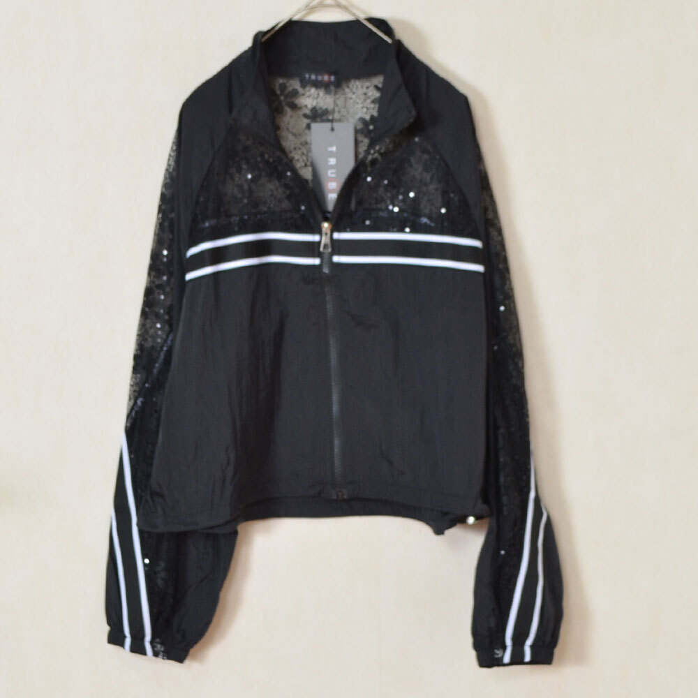 アウター フラワーレース切替スポーティラインブルゾン M〜L 晩夏〜秋口 軽羽織 TRUBE 黒拍卖