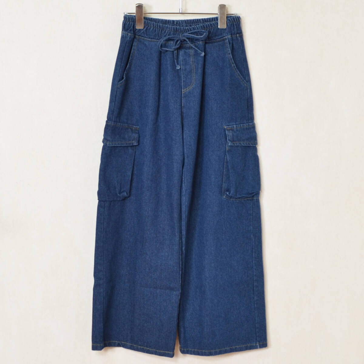 デニムパンツ レディース ワイド カーゴ風 ポケット付き 体型カバー カジュアル 秋冬 M Y-0070拍卖