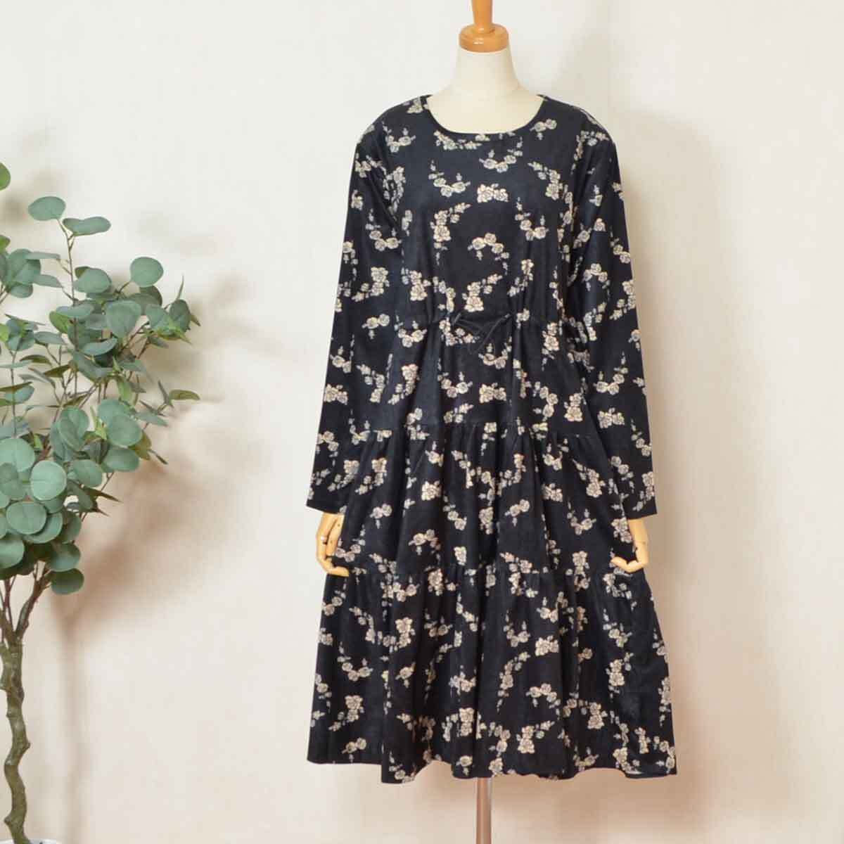 花柄ティアードワンピース レディース 長袖 ベロア調素材 体型カバー フェミニン 秋冬 40代 50代 N-3004拍卖