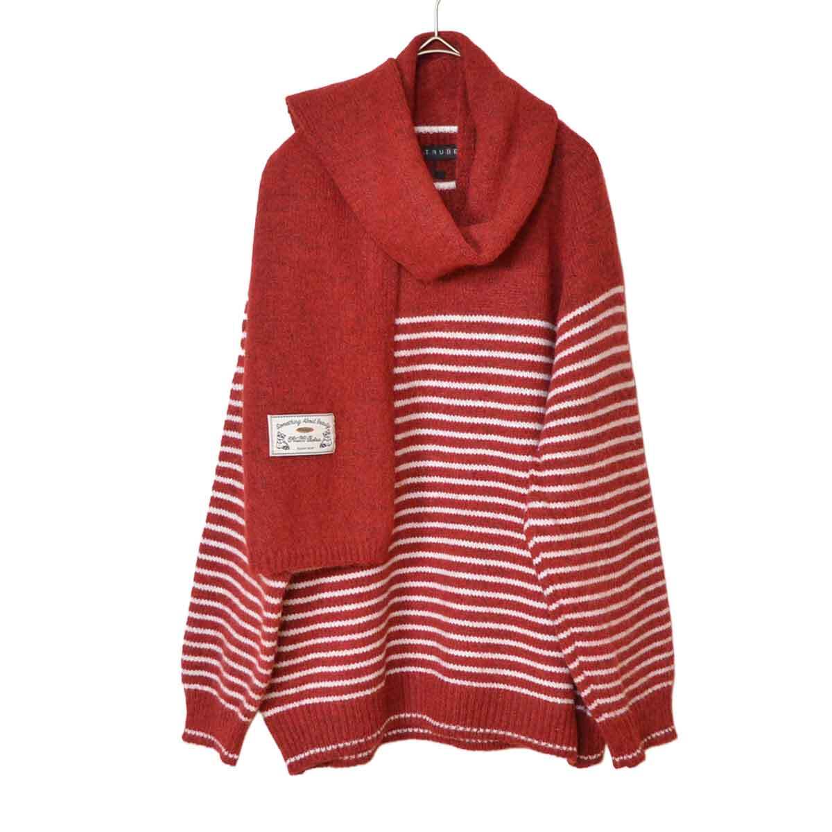 ボーダーニット×マフラーセットプルオーバー N65-018 M〜L対応 秋冬 レディース レッド拍卖