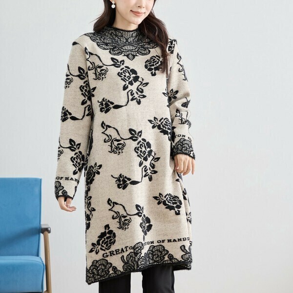 ワンピース レディース 長袖 ニット 花柄 ジャガード 体型カバー きれいめ 秋冬 M〜L R38-303A拍卖