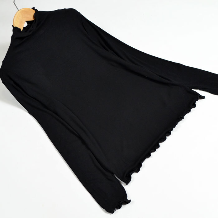 カットソー レディース 長袖 フリルネック メロウフリル ストレッチ M〜L 体型カバー 大人可愛い 秋冬 ブラック拍卖