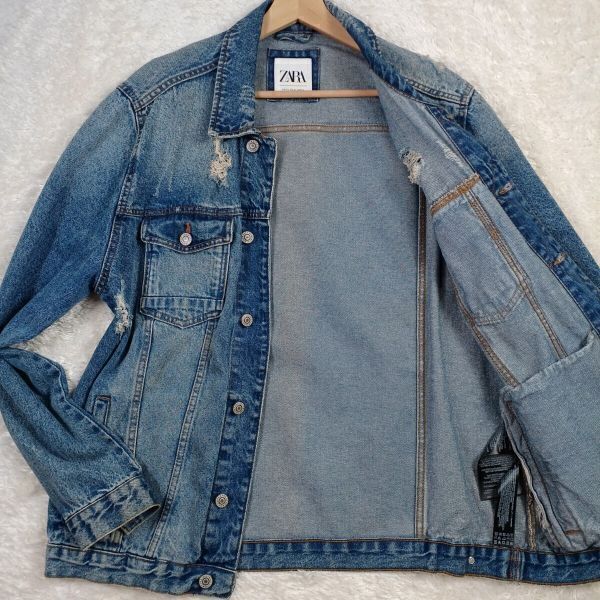 N17N 美品 ZARA ザラ Gジャン XL ロゴ刻印ボタン インディゴ デニム ダメージ加工 クラッシュ加工 ビックプリント 大きいサイズ 21-9拍卖