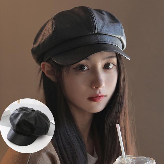 レザー キャスケット レディース メンズ 黒 ブラック 帽子 小顔 秋冬 レザータッチ フリーサイズ フェイクレザー 小顔効果 ハット キャップ拍卖