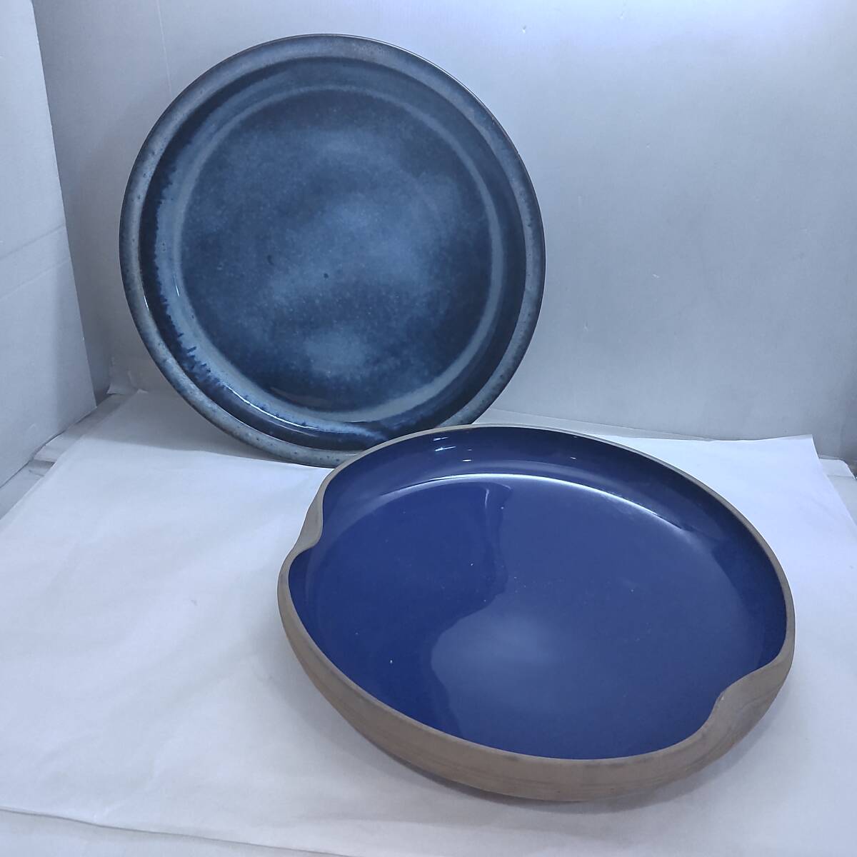 Y101504■秘色窯造 大型 水盤 2点セット 外径約41/40cm 青系 盆栽 水鉢 生花 華道具 伝統工芸 工芸品 陶芸 日本製■拍卖