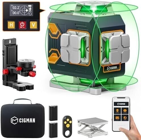 CIGMAN 4D レーザー墨出し器 リモコン&アプリ対応 LCDディスプレー 4x360° 16ラインレーザーレベル AF209拍卖