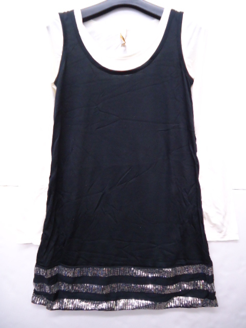 【KCM】ks-109■未使用品■レディース スパンコールワンピース&インナーTシャツセット ストール付き M ブラック/オフホワイト拍卖