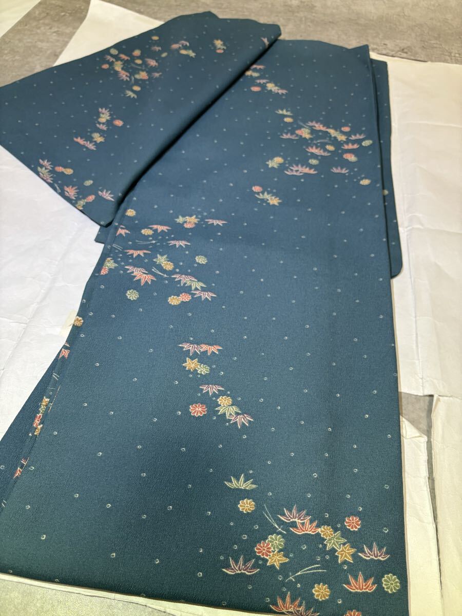 小紋 水玉 菊 笹 紅葉 松葉 青緑色 着物 和服 和装 リメイク ハンドメイド 生地 衣装拍卖