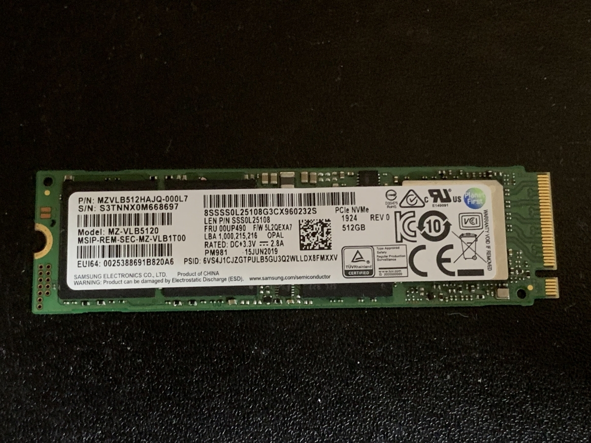 ジャンク Sumsung M.2 MZVLB512HAJQ-000L7 PM981 PCI-e Nvme 512GB SSD拍卖