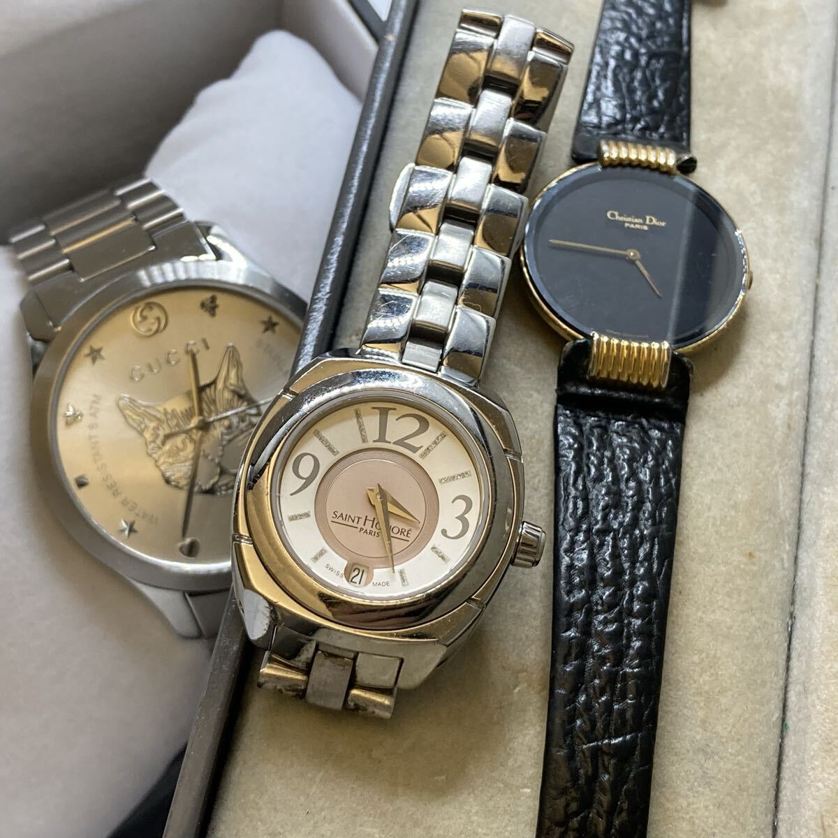 【1円スタート】ジャンク 稼働 時計 まとめ 3本セット Dior gucci サントノーレ タイムレス キャットヘッド バキラ 46.153 箱付 腕時計拍卖