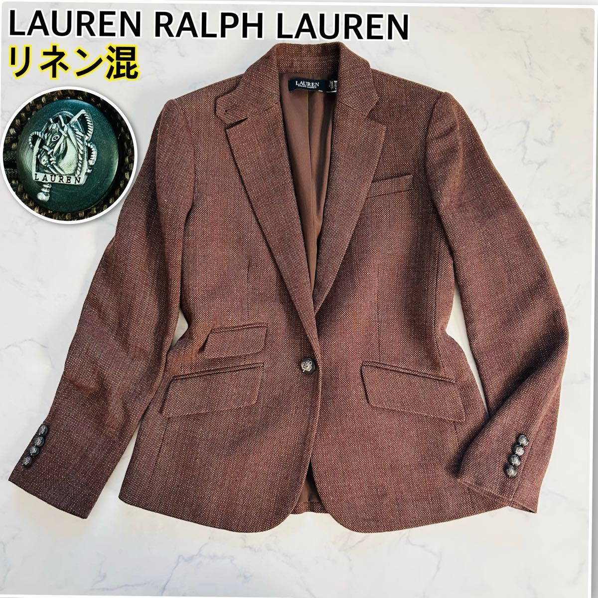 【未使用品 現行タグ 極美品】LAUREN RALPH LAUREN ラルフローレン リネン混 麻混 テーラードジャケット チェンジポケット ブラウン M拍卖