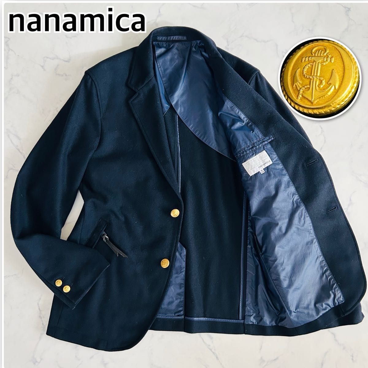 nanamica ナナミカ テーラードジャケット ブレザー 紺ブレ 金ボタン 袖裏地総柄 ネイビー ウール レザージップ M 背抜き拍卖