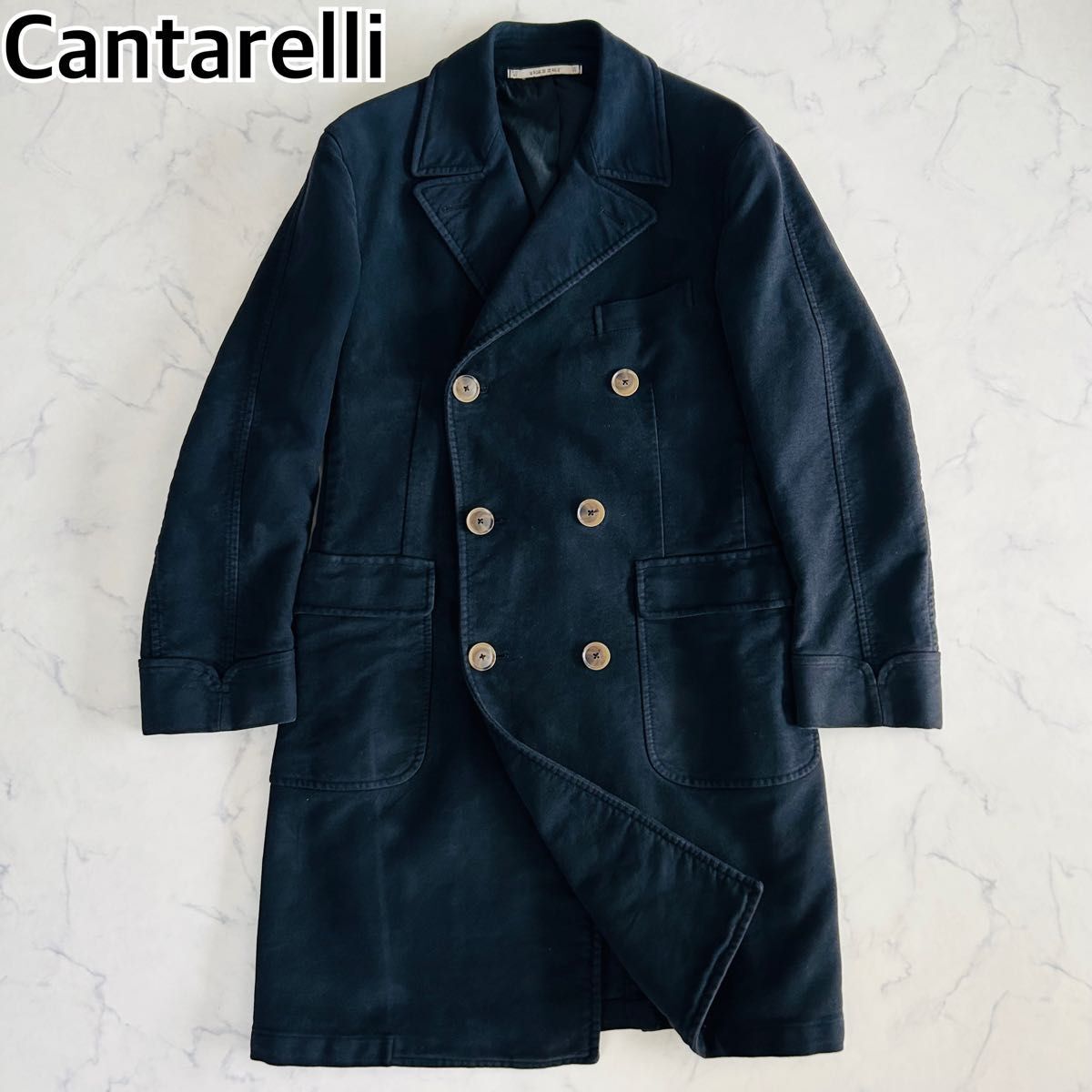 Cantarelli カンタレリ 高級イタリア製 トレンチコート ロングコート ダブル ネイビー コットン スエード生地 48 L拍卖