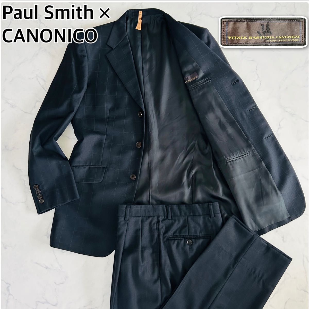 【美品】Paul Smith×CANONICO ポールスミス×カノニコ ビジネス スーツ セットアップ チェック シングル 3B ブラック 黒 Lサイズ拍卖