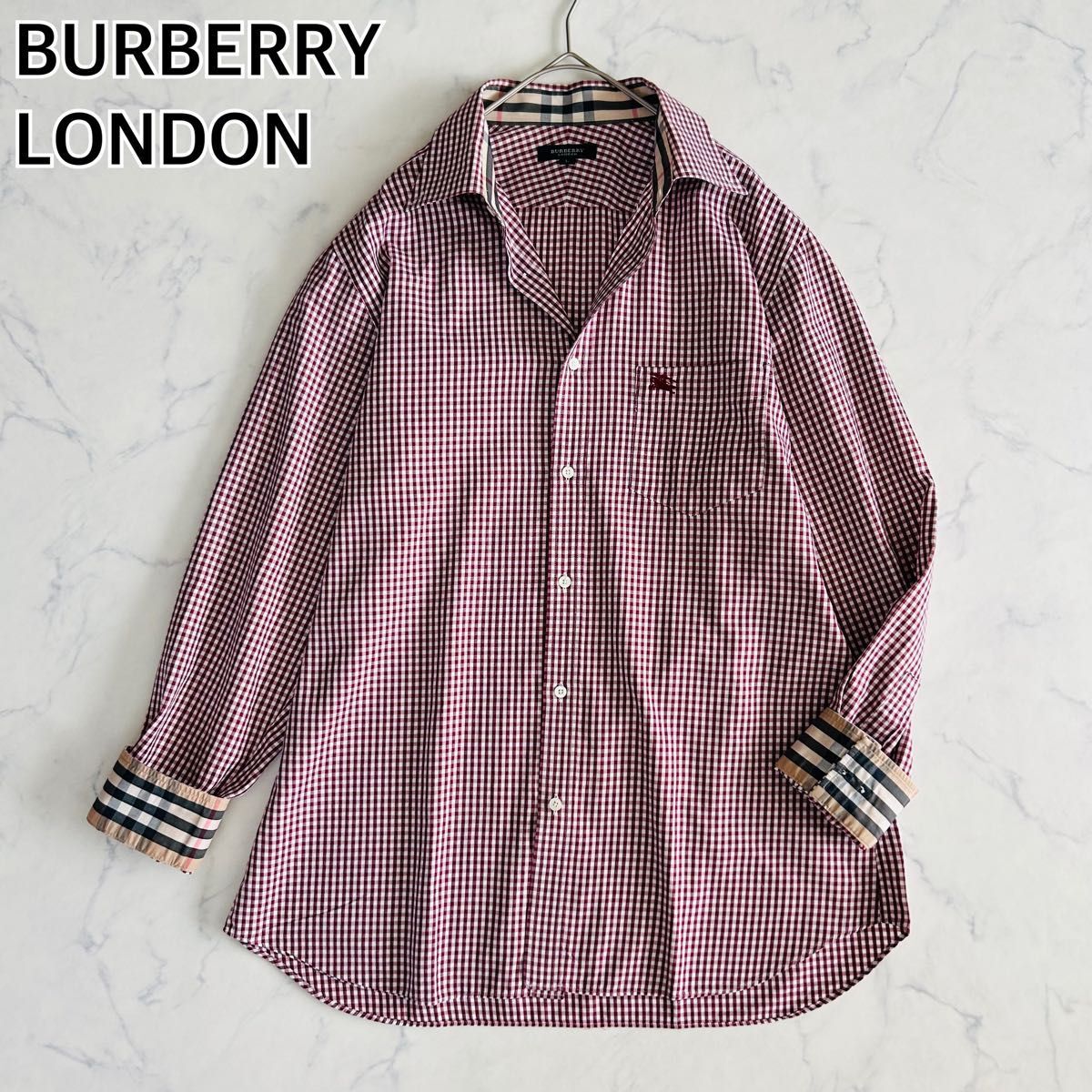 【美品】BURBERRY LONDON バーバリーロンドン 長袖シャツ ボタンダウン ノバチェック ホースロゴ刺繍 ロゴ刻印ボタン チェック メンズ L拍卖