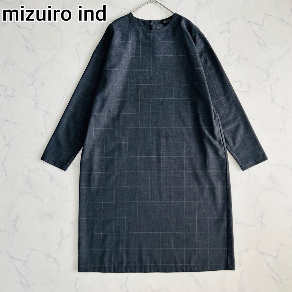 【極美品】mizuiroind ミズイロインド チェック ウィンドウペンワンピース 膝丈 ウール 長袖 グレー 灰色 フリー拍卖