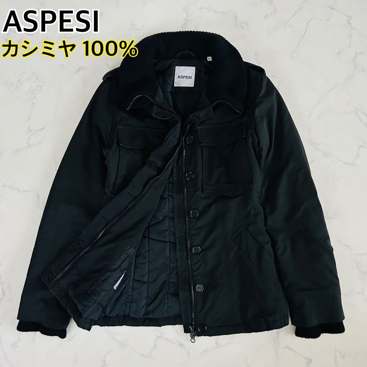 ASPESI アスペジ モッズコート ミリタリージャケット ニット部分カシミヤ100% カシミア アウター ブラック 黒 XS拍卖