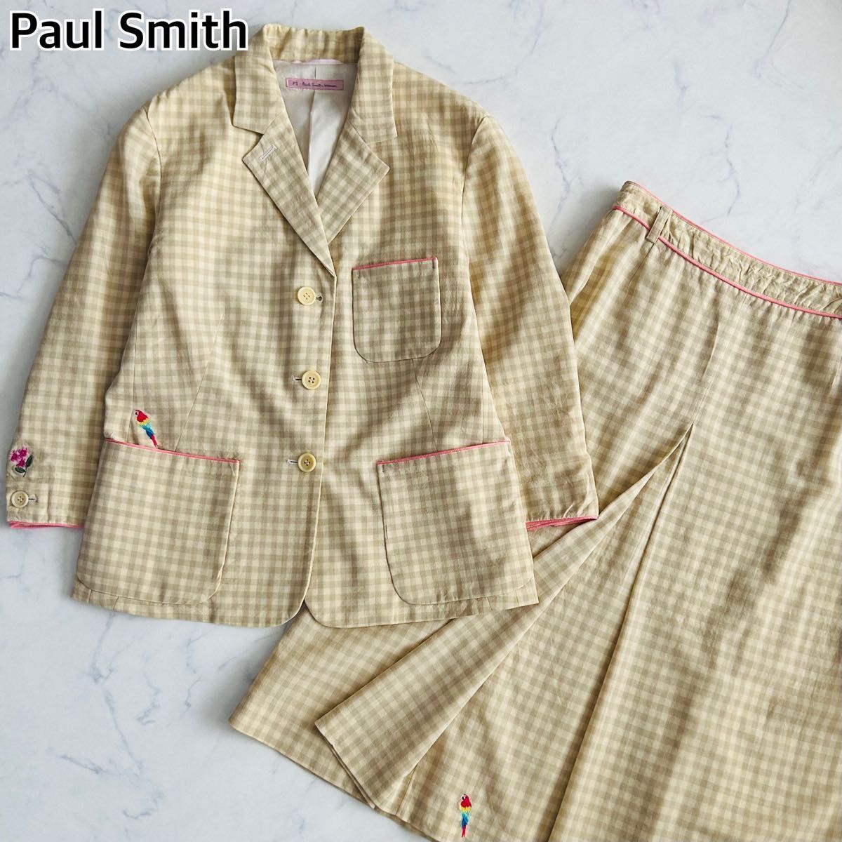 PS Paul Smith woman ポールスミス ギンガムチェック スカートスーツ セットアップ 花鳥刺繍 刺繍 ベージュ L拍卖