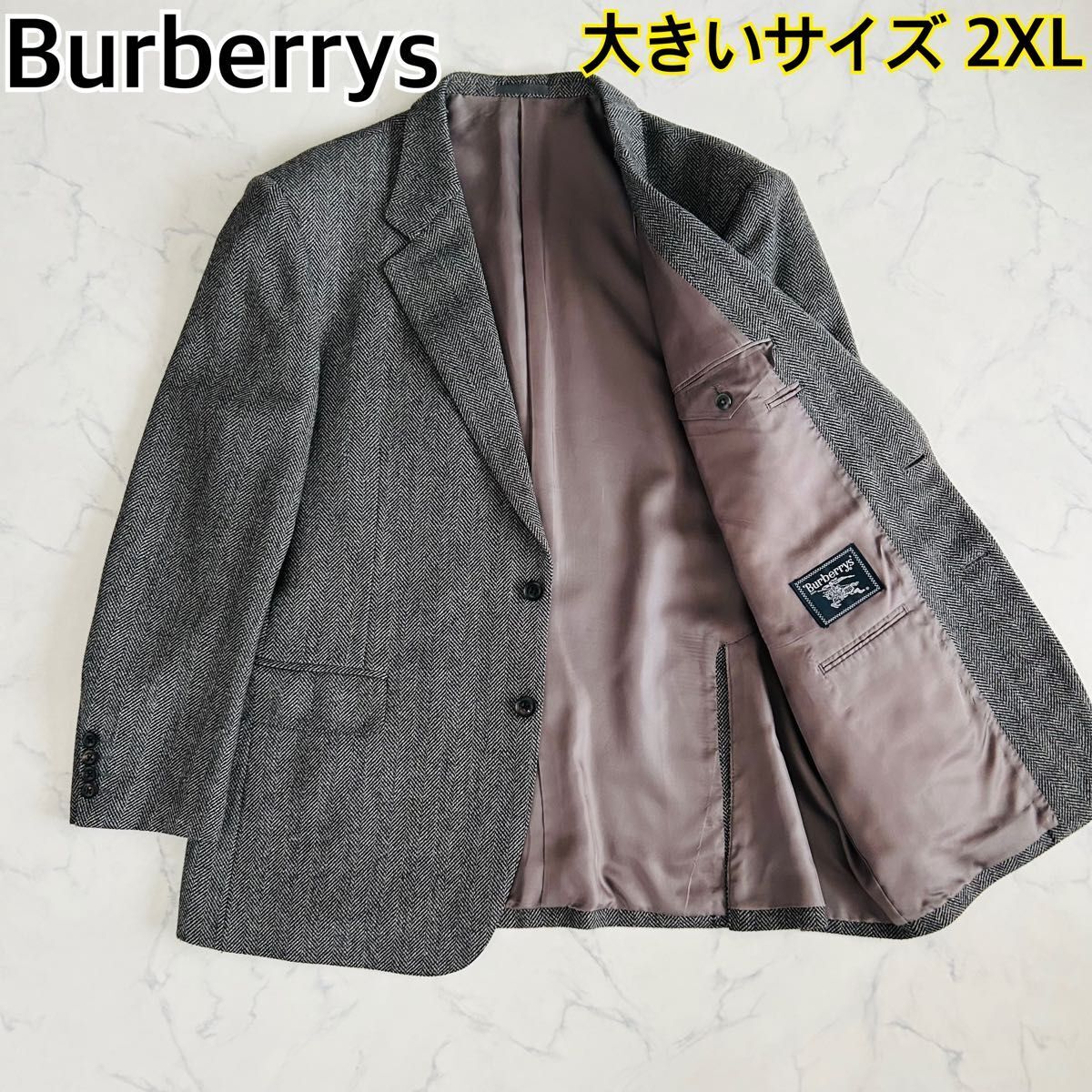 【美品 大きいサイズ2XL】Burberrys バーバリーズ ダブルブレスト テーラードジャケット ヘリンボーン ツイード ウール グレー シングル拍卖