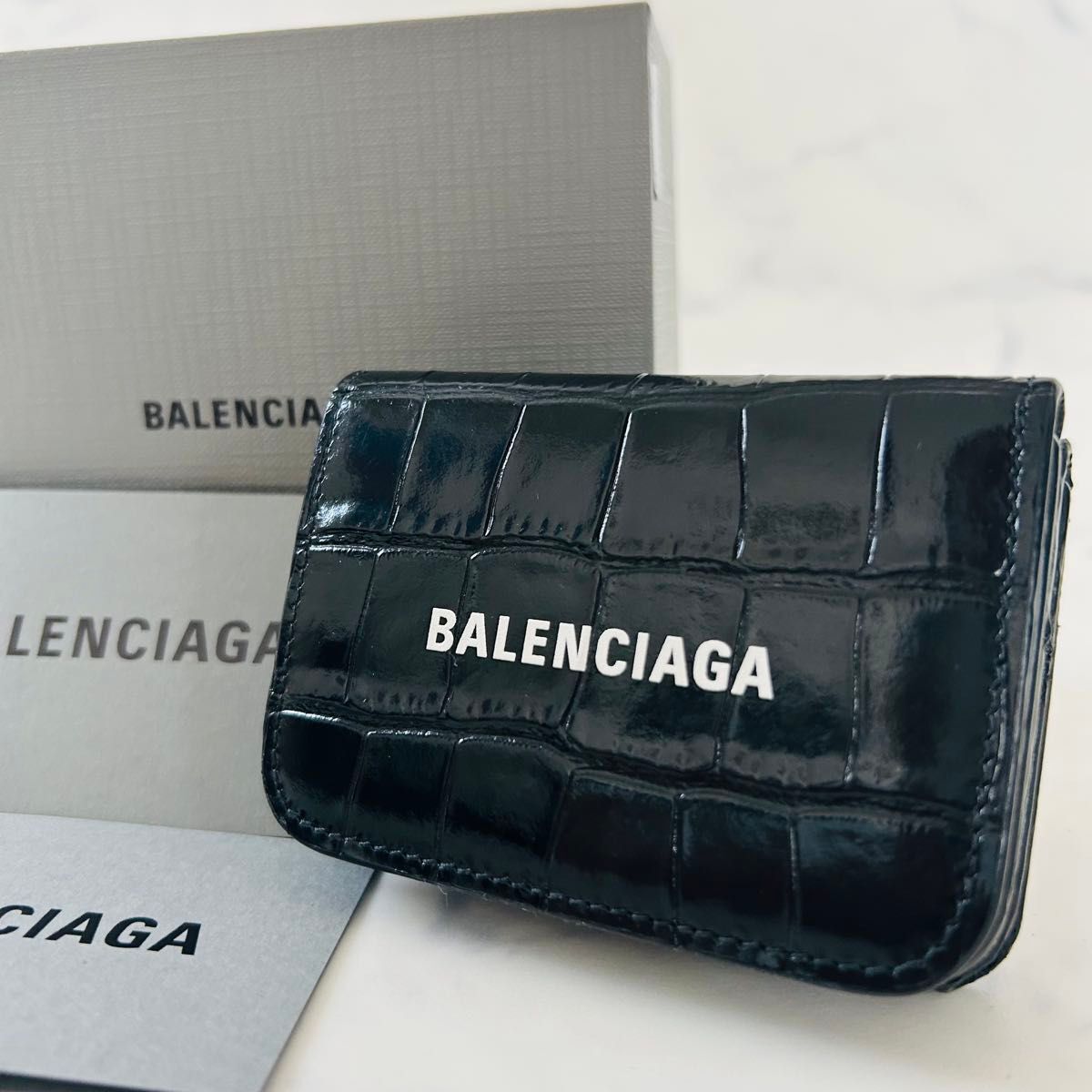 【極美品】BALENCIAGA バレンシアガ 三つ折り財布 クロコ型押し ミニウォレット エブリデイ コンパクト ブラック 箱付き拍卖