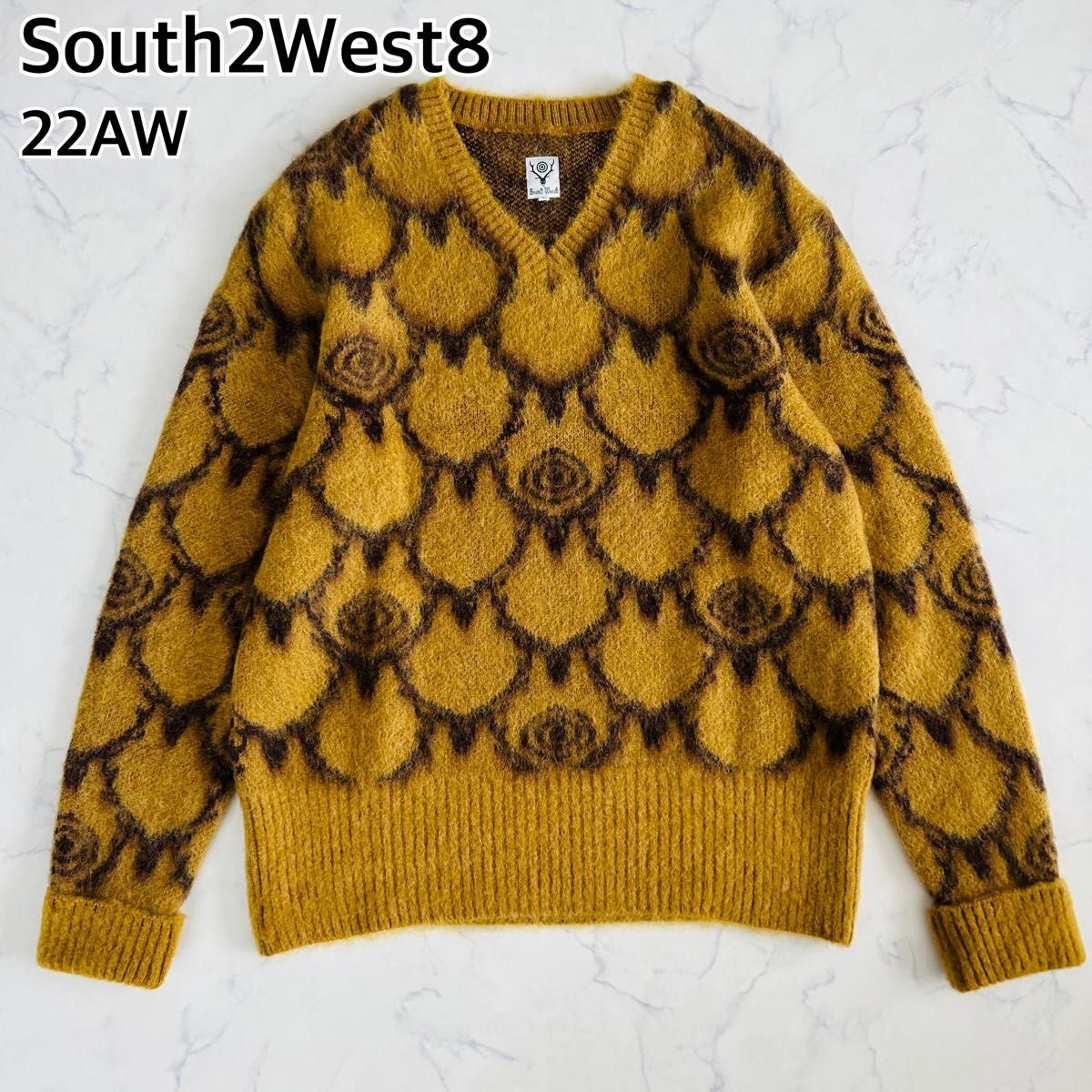 【美品】South2West8 サウスツーウエストエイト 22AW 近年 モヘヤ混 Vネックニット セーター マスタード L拍卖
