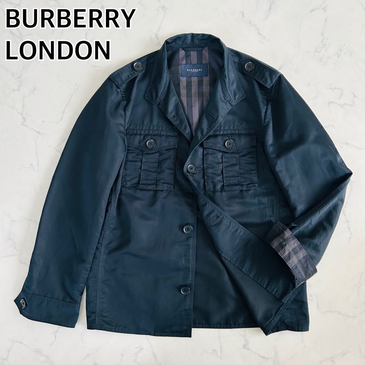 【美品】BURBERRY LONDON バーバリーロンドン ミリタリージャケット リネン混 麻 ノバチェック ネイビー L拍卖
