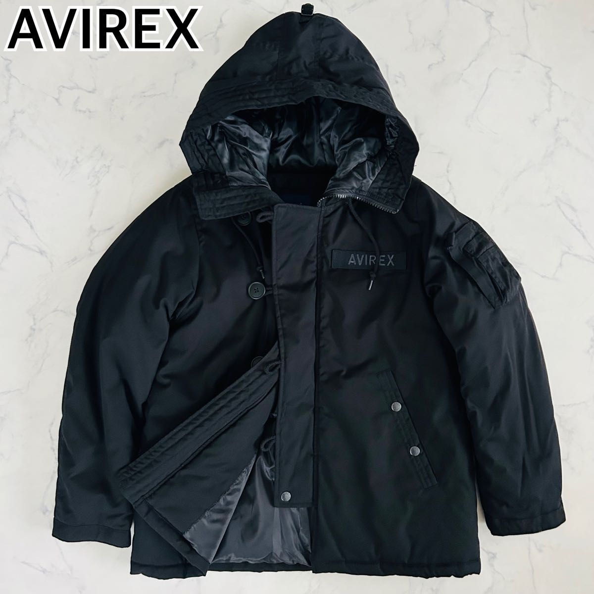 【未使用級美品】アヴィレックス AVIREX N-3B カスタム ミリタリージャケット モッズコート 肉厚中綿 ロゴ フード コットン 黒 L拍卖
